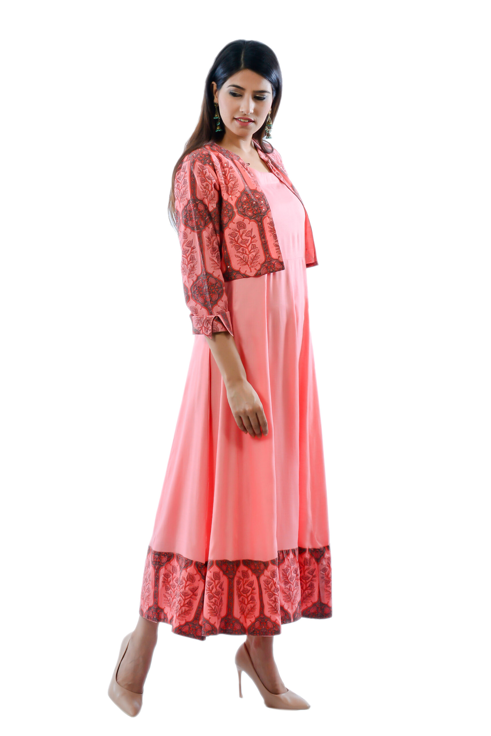 Buy Bunaai Peach Bandhej Designer Sleeveless Cotton Dress For Women Online